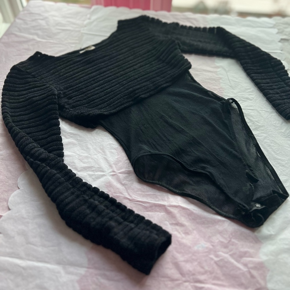 VTG 80’s hi-cut sheer mesh leotard with chenille striped layered top sz Small